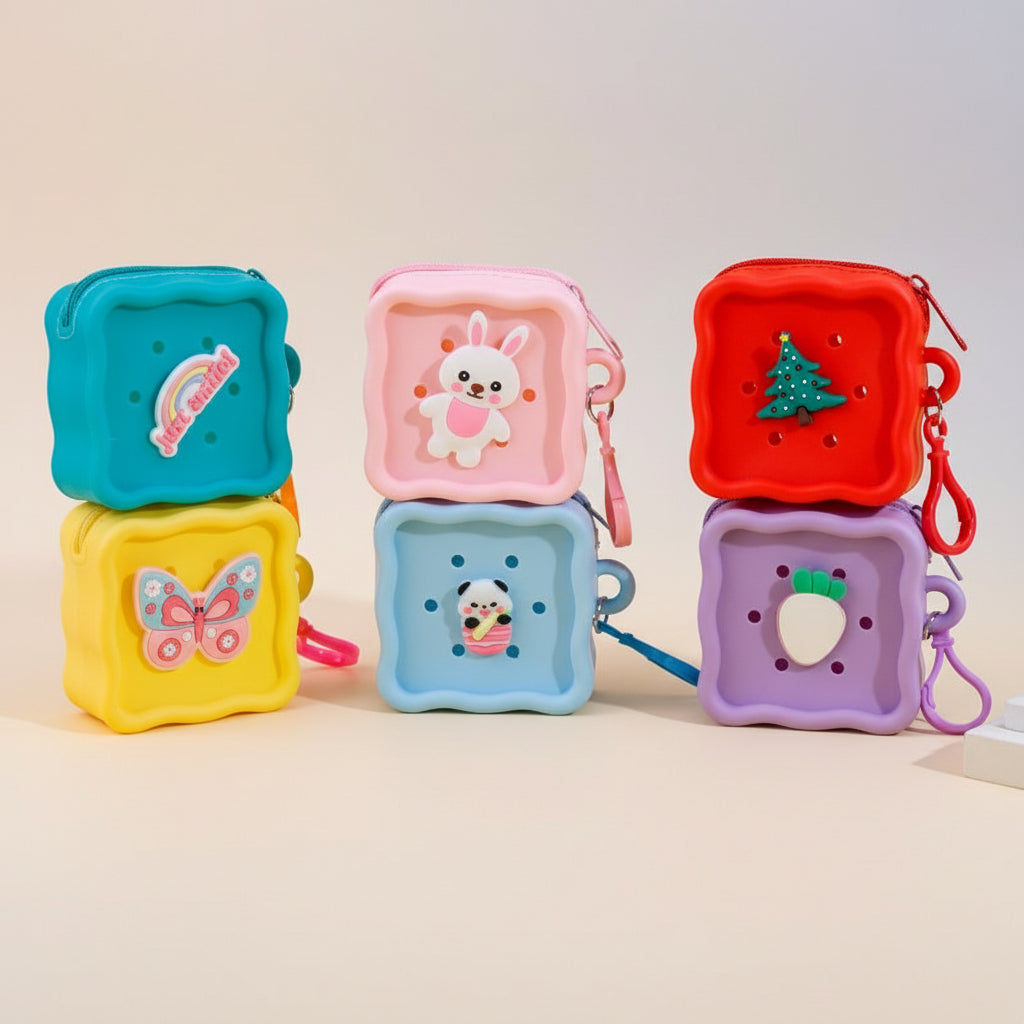 DIY Silicone Square Coin Purse for Kids, Candy Color Mini Pouch, Cute Punch-Hole Design Bag, Earbuds Cable Organizer, Small Travel Storage Case