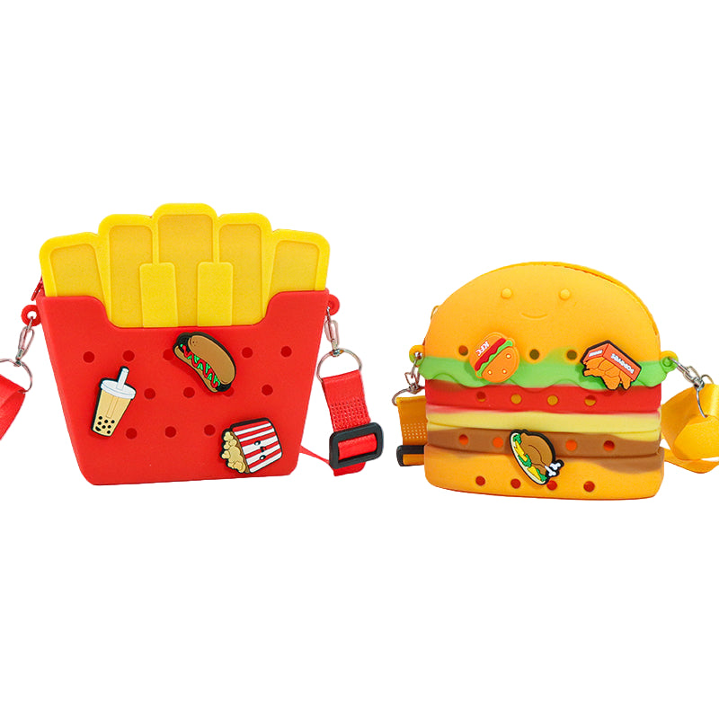 Custom Fake-Food DIY Silicone Punch-Hole Bag | Cute French Fries & Burger Crossbody | Cartoon Kids Handbag | Factory Direct Wholesale