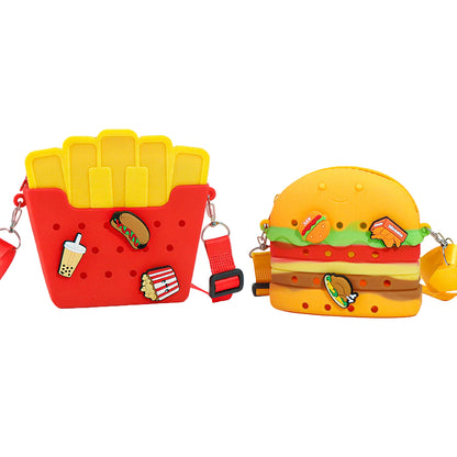 Custom Fake-Food DIY Silicone Punch-Hole Bag | Cute French Fries & Burger Crossbody | Cartoon Kids Handbag | Factory Direct Wholesale