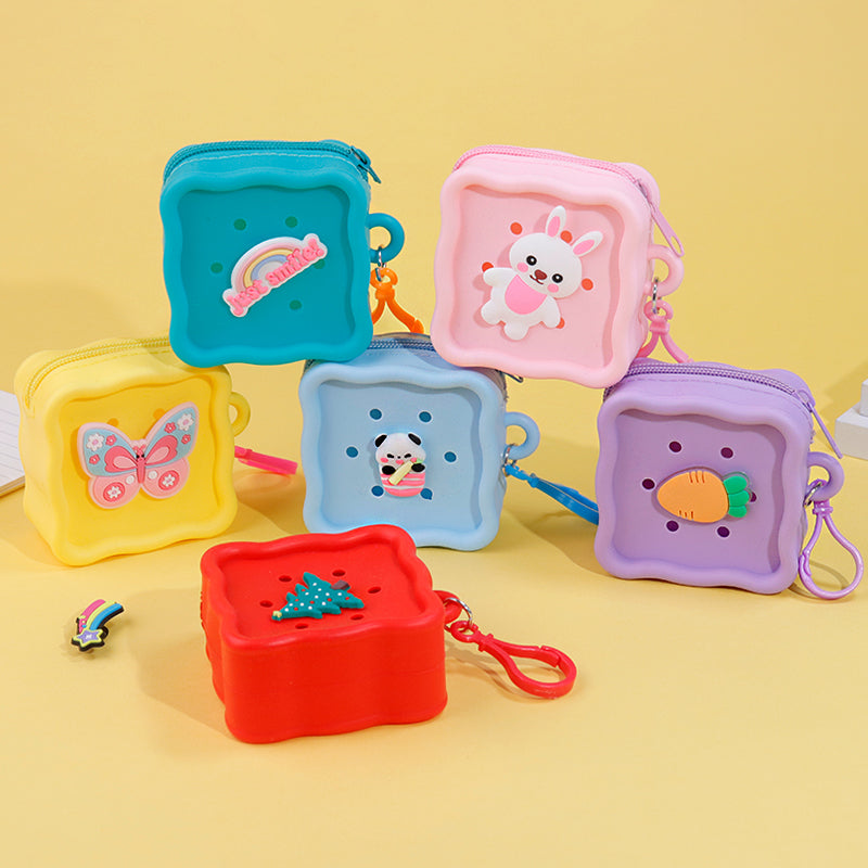 DIY Silicone Square Coin Purse for Kids, Candy Color Mini Pouch, Cute Punch-Hole Design Bag, Earbuds Cable Organizer, Small Travel Storage Case