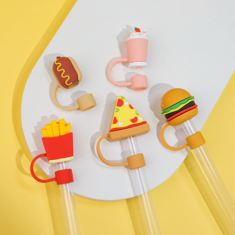 3D Cartoon Food Straw Covers - Reusable Silicone Straw Caps with Hamburger French Fries Design - Dust Proof Drink Accessories