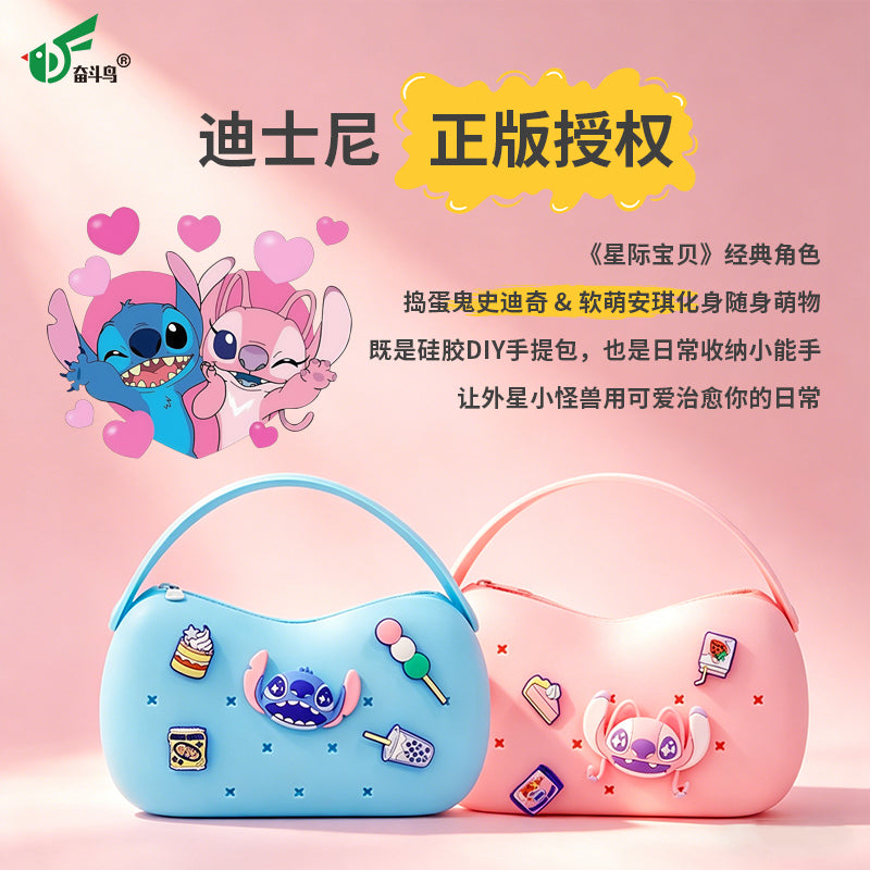 Official Disney Licensed Stitch DIY Silicone Handbag, Kids Cartoon Hole Bag, Customizable Matching Storage Bag